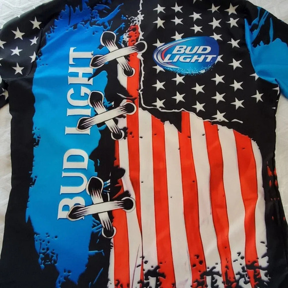 Bud Light American Flag Jersey Button Up Shirt Short Sleeve Patriotic  Size XXL - Picture 8 of 10